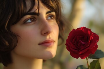 Beautiful woman holding red rose and looking away in golden hour light