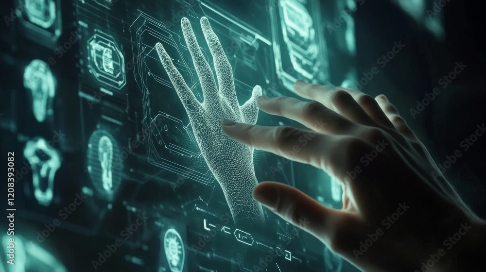 Poster technology abstract background with human hand touching complex circular diagram on virtual screen w