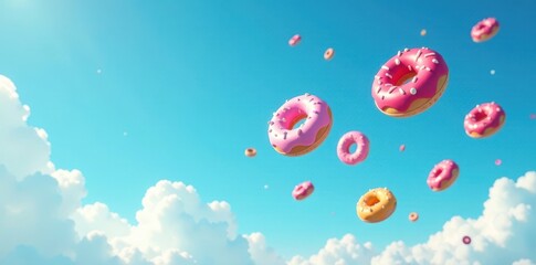 Fototapeta premium Flying doughnuts in the sky with blue background, yummy, flying, dessert