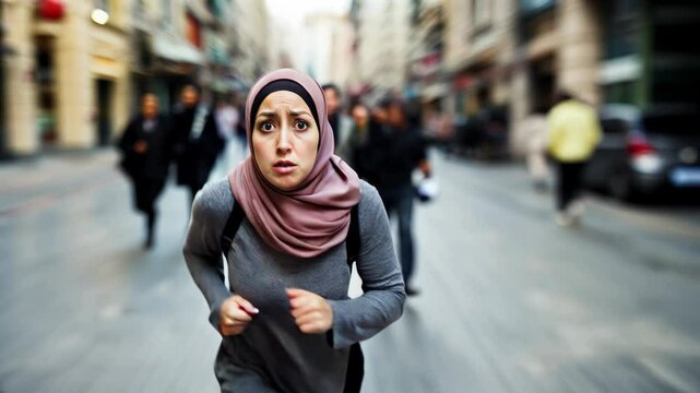Scared Middle Eastern woman wearing a hijab running in panic in the streets of a middle eastern city	
