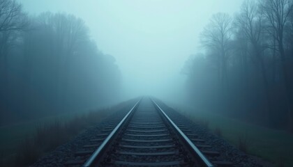 Fototapeta premium A train track vanishing into the fog. Motherless illustration, HD Backgrounds