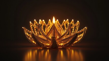 Golden lotus lamp glowing, dark background, reflection, meditation