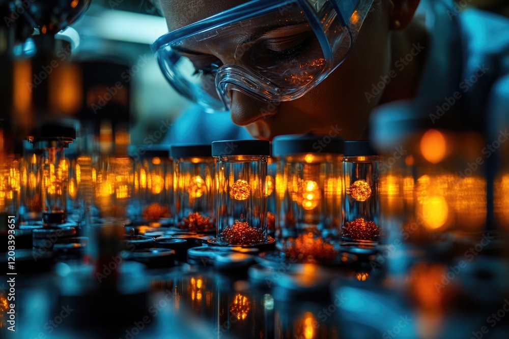Poster a scientist in a lab coat and goggles tinkering with a machine