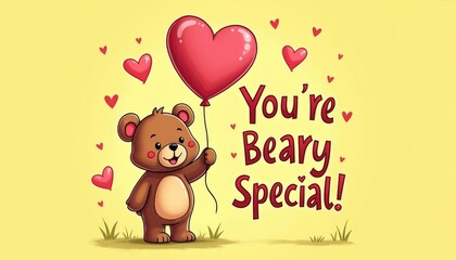 A cute cartoon bear holding a heart-shaped balloon, surrounded by hearts, with the text "You're Beary Special!" written above it. Be my valentine. "valentines day background"