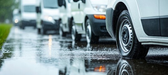 Traffic Jam of White Delivery Vans on Wet Asphalt with Puddles and Reflections After Rain