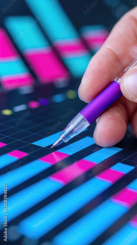 Poster hand holding a pen over colorful data charts and graphs.