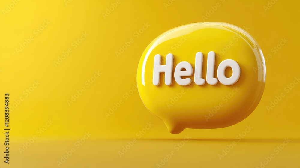 Poster engaging yellow speech bubble with hello text graphic design simple environment bright viewpoint pos