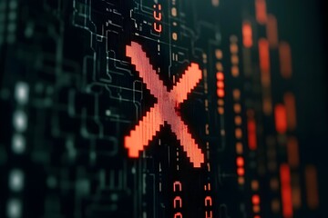 Digital Error Red Cross Pixel Art Glitch Technology Abstract Background Modern Design Futuristic Interface Warning Signal System Failure Computer Network Data  