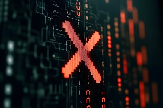 Digital Error Red Cross Pixel Art Glitch Technology Abstract Background Modern Design Futuristic Interface Warning Signal System Failure Computer Network Data  