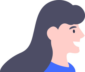 Profile of a young woman with long dark hair and blue shirt smiling and looking to the right, expressing optimism, positivity and happiness
