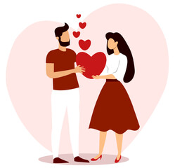 Couple celebrating Valentines Day with a heart in a romantic setting surrounded by floating hearts