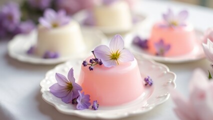 Elegant wedding Jell-O in pastel colors, decorated with edible flowers like roses and lavender. The soft, romantic scene captures the delicate beauty of the dessert for a wedding.
