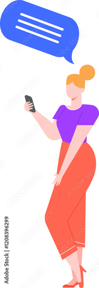 Aufkleber office worker holding mobile phone and sending a text message or voice note, chatting online with co
