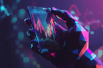 Futuristic Mobile Stock Trading with Real-Time Market Analysis and Investment Technology Displayed on a Glowing Screen
