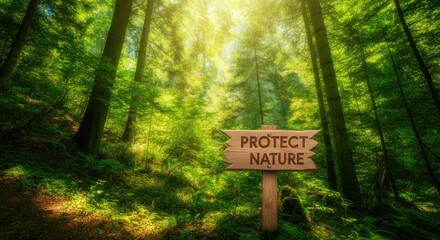 Forest with sign urging nature protection, sunlight filtering through trees
