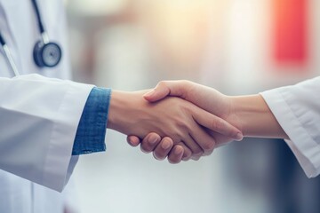 Two doctors shaking hands, symbolizing collaboration, partnership, and teamwork in healthcare.
