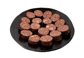 Black pudding isolated, blood sausage kaszanka, traditional Polish terrine, brawn sausages on white