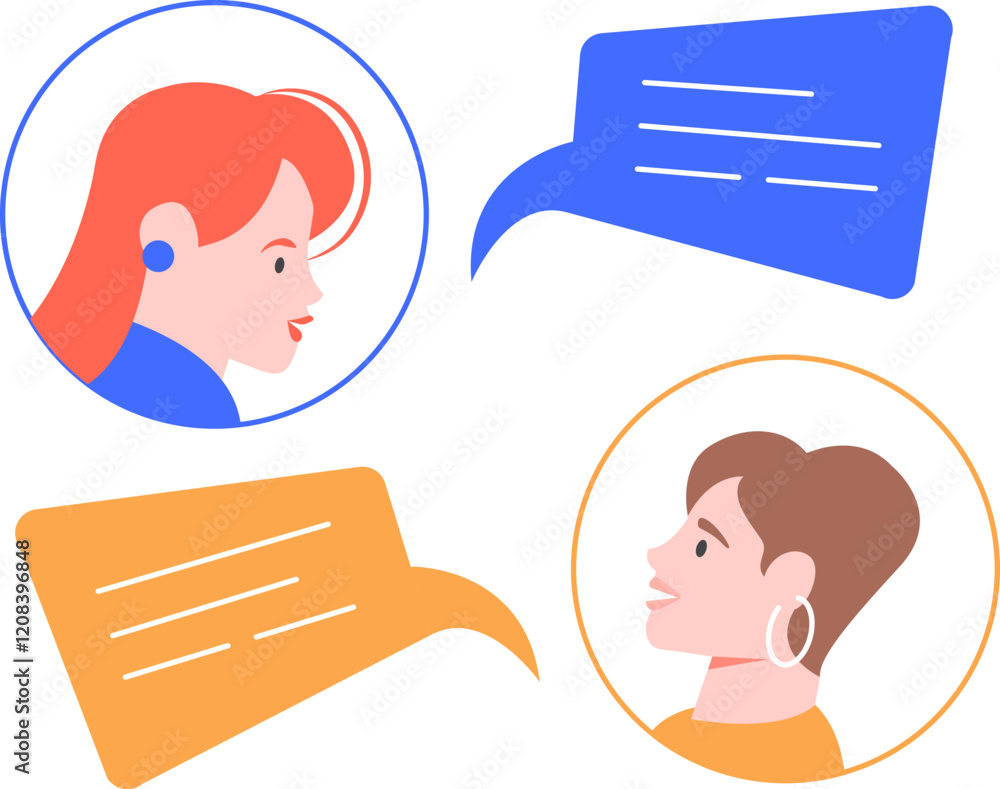 Aufkleber two businesswomen with speech bubbles are communicating and discussing work remotely via online chat