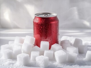 Red soda can surrounded by sugar cubes
