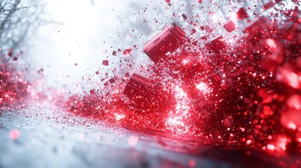 Glowing red cubes exploding in snowy landscape.