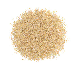 Dry raw oat flakes isolated, rolled flat grains, instant porridge, thin cereals, flattened grains group