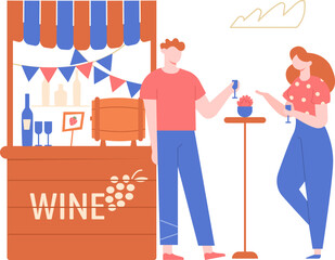 Man and woman meeting at a wooden wine stall, enjoying glasses of wine and engaging in lively conversation while soaking up the vibrant atmosphere of a local street food market