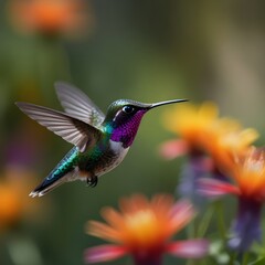 Fototapeta premium A ruby-throated hummingbird pauses mid-flight over a vibrant daisy, its emerald green and deep red hues glowing in natural light.