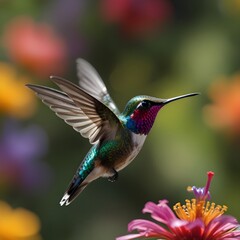 Fototapeta premium A colorful hummingbird in motion, set against a blurred green and orange background, its wings captured in a graceful, blurred flutter.
