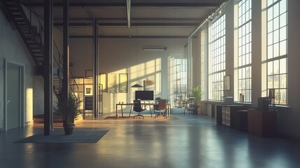 Modern Loft Office Interior with High Ceilings and Natural Light