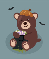  Illustration with Bear is Sitting and Holding Candy Bag,Bat