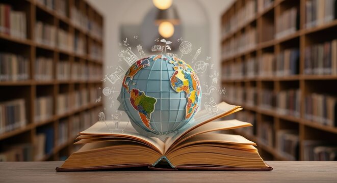 Globe on open book in library, symbolizing learning and exploration