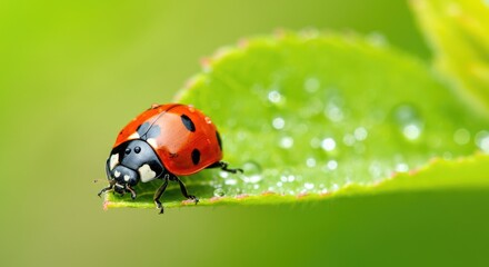 Fototapeta premium Ladybug on dewy green leaf in close-up