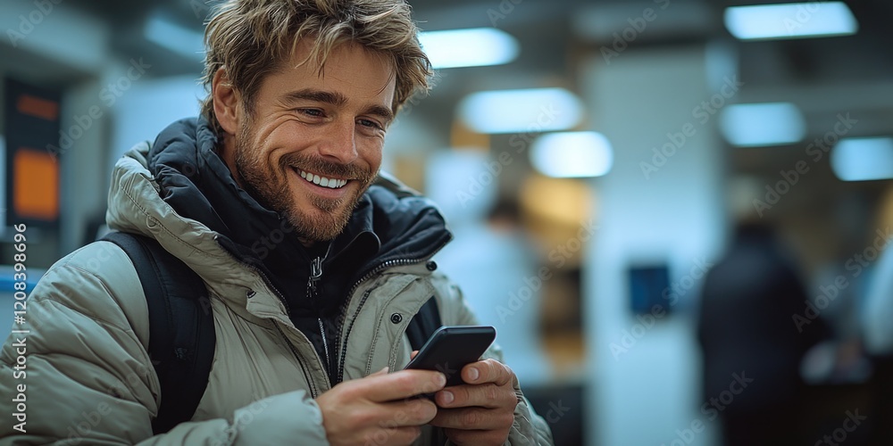 Poster a person smiling while looking at their cell phone, possibly happy with the content or message they'