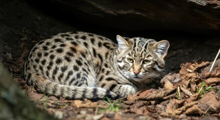 Fototapeta premium Spotted wild cat curled up among leaves and rocks