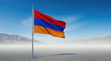 Naklejka premium Blue, red, and orange flag waving in desert wind