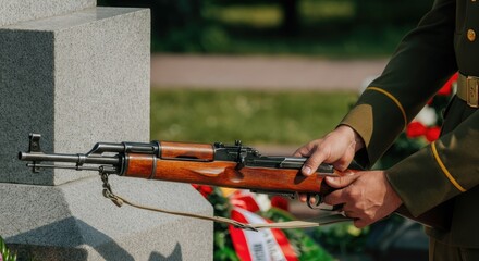 Military ceremony with soldier holding rifle, wearing uniform