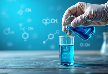 Scientific laboratory research with blue chemical solution in beaker. Lab worker hand in protective glove pouring liquid. Chemical experiment and testing concept with copy space