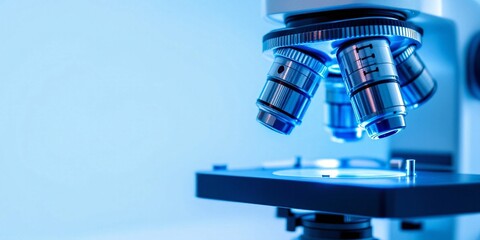 Scientific microscope lenses in blue tones. Professional laboratory equipment for medical research, biology studies and science analysis. Modern technology with copy space
