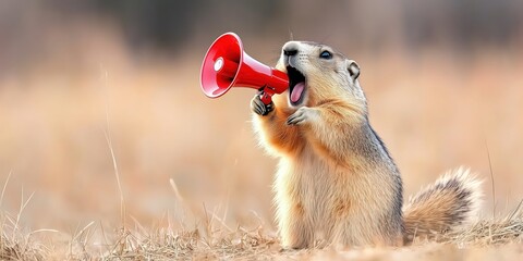A lively groundhog screaming into megaphone symbolizes fun around Groundhog Day, ads for promotions, advertisement and communication, viral marketing. Copy space. Spring