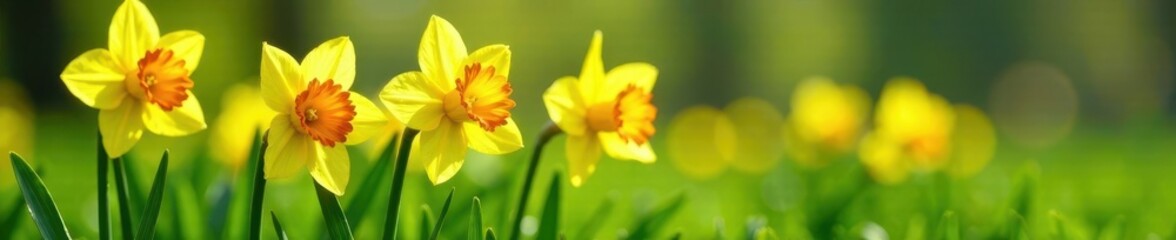 Obraz premium Vibrant daffodils standing tall among lush grass, yellow, green, flowers