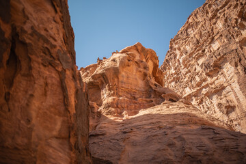 Rocky Formation during Sunny Day in Jordan. Rocks in the Middle East. Geological Outdoor Scenery in Wadi Musa.
