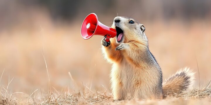 A lively groundhog screaming into megaphone symbolizes fun around Groundhog Day, ads for promotions, advertisement and communication, viral marketing. Copy space. Spring