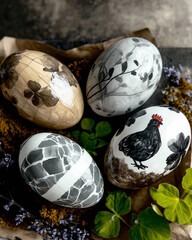 4 pisanki na Wielkanoc, pomalowane jajka w motyw z kurą