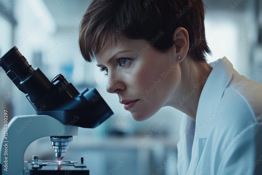 Poster a female scientist intently examines a sample under a microscope in a laboratory setting.