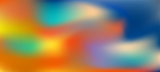 Abstract vibrant digital watercolor orange, yellow, green and blue colors mesh gradient background. Colorful red and teal liquid wavy blobs backdrop for ui design, banner, trendy poster