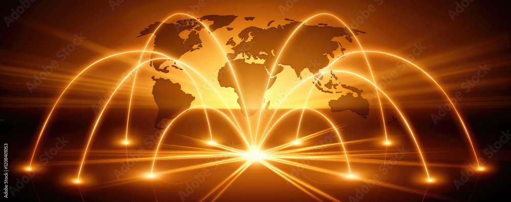Poster global network connections with glowing lines and a world map background.