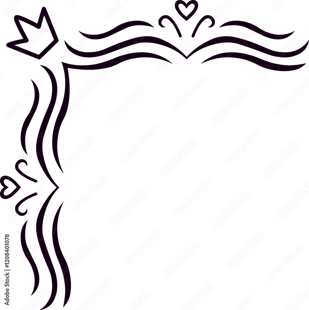 Aufkleber hand drawn corner frame featuring a crown, hearts, and wave patterns, providing an elegant and custo