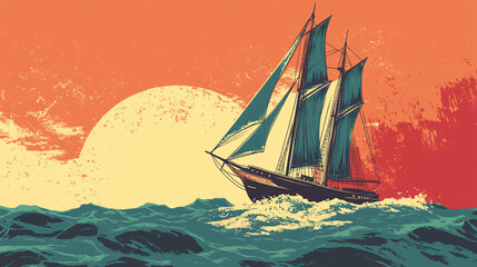 Naklejka premium A vibrant vintage-style illustration of a sailing ship on turbulent waves with a large yellow sun and orange sky in the background 