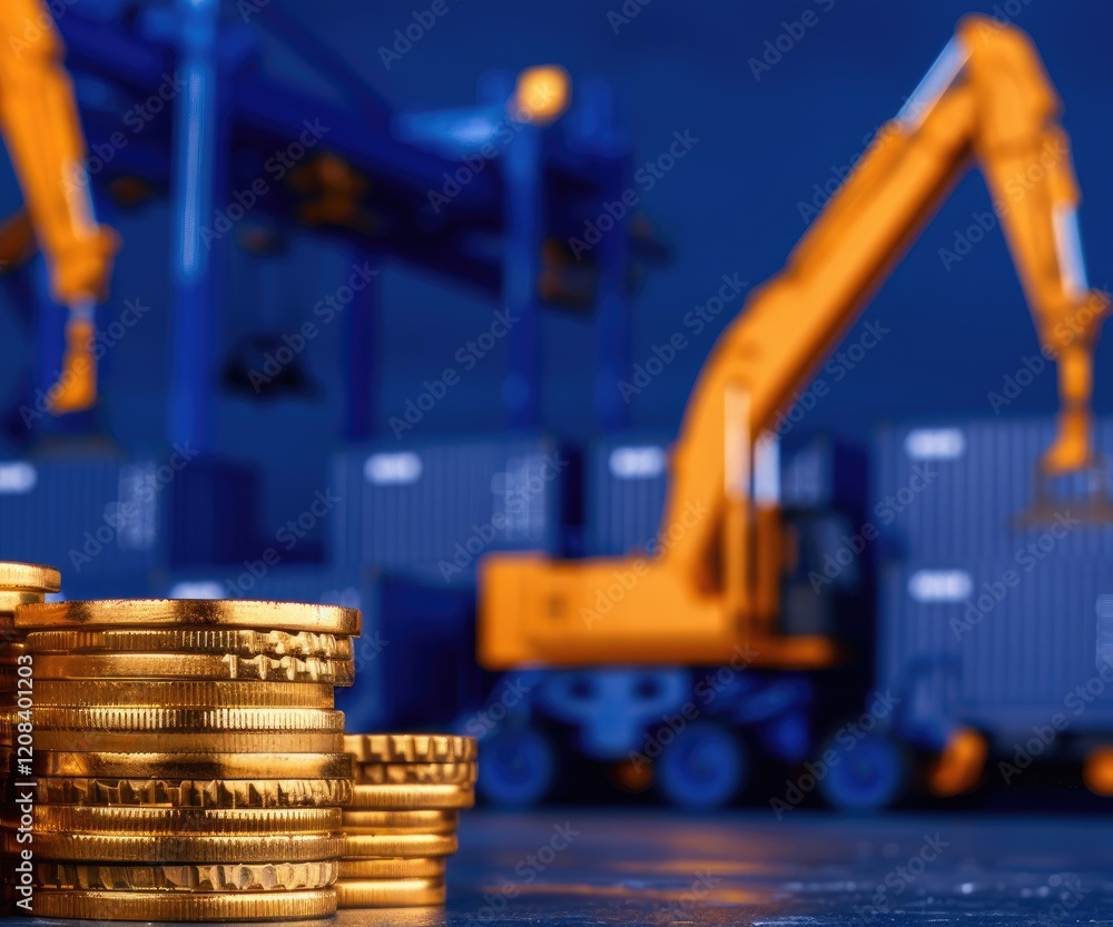 Poster coins in focus with cranes and containers in the background.