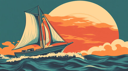a sailboat navigating ocean waves with a large orange sun setting behind it against a vibrant teal and orange sky  
